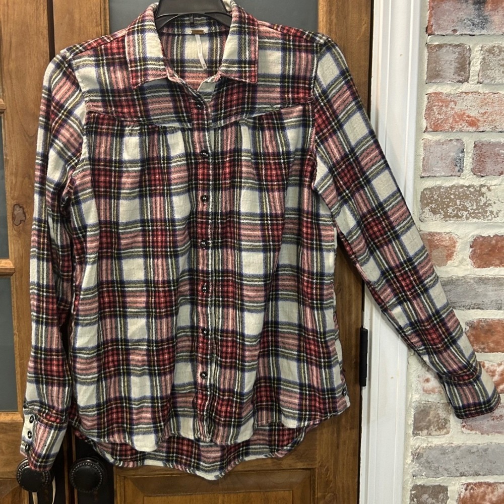 Free People Plaid Flannel Shirt XS Red Cream‎ Long Sleeve Farmhouse 90s Gorpcore